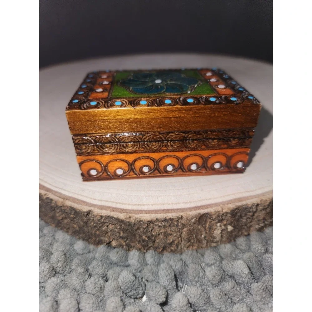 Polish Hand Made Painted/Carved~Burnt Details- Wooden Trinket‎ Box Blue Flower